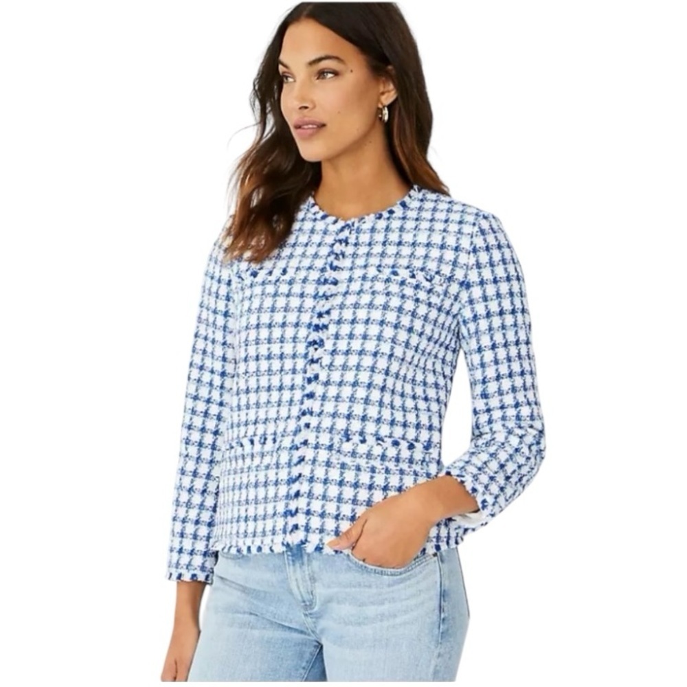 Ann Taylor Women Blue White Plaid Classic Tweed Fringe Trim Office Blazer Sz 16 - Picture 1 of 10